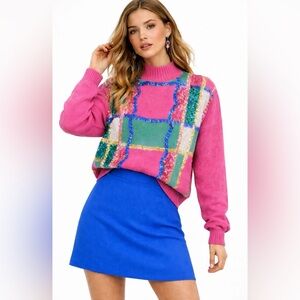 Vintage All Points Sequin Plaid Knit Sweater Maximalist Retro Festival Glam M